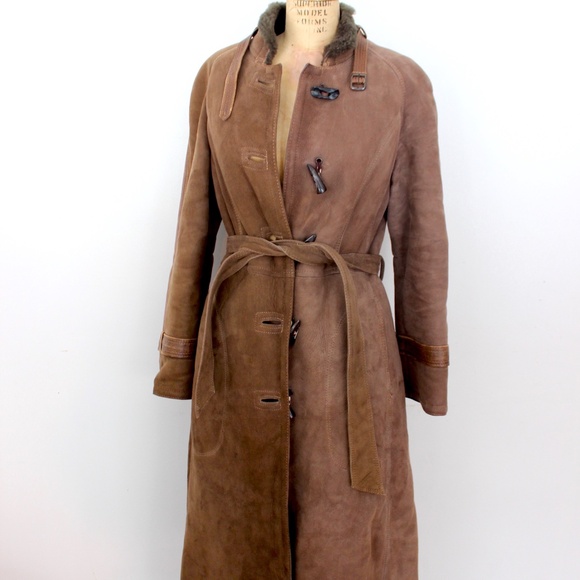 1970s shearling sheepskin tan brown fur coat maxi length manteau mouton - Picture 8 of 16